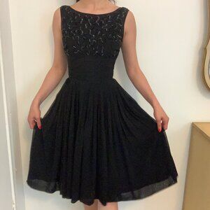 Stunning Black Chiffon 1950s Dress with Sequin Bust